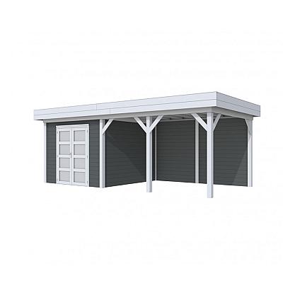 Vuren Topvision tuinhuis Bosuil, 300 x 300 cm. en luifel 400 cm., antraciet / lichtgrijs gespoten