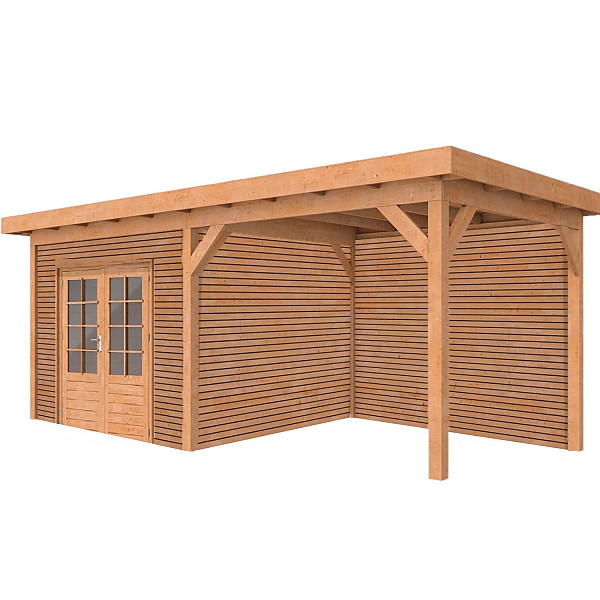 <p><strong>JWOODS Buitenverblijf 600x300cm incl. berging 300(b), Geschaafd met horizontaal triple rabat</strong></p><p>Voor een voordelige prijs een prachtige overkapping in je tuin plaatsen? Dat kan met een JWOODS Buitenverblijf, een goedkope terrasoverkapping, samengesteld als ‘doe het zelf bouwpakket’. Het grote voordeel van het JWOODS concept zit hem in de prijs, welke een stuk voordeliger is in vergelijking met een prefab pakket. Uit onze voorraad tuintimmerhout stellen we een bouwpakket samen uit de beste naaldhoutsoorten, zoals Lariks, Douglashout en Redwood. Bij aanschaf wordt je uiteraard voorzien van een duidelijke opbouwinstructie.  </p><p><strong>Doe het zelf bouwpakket</strong></p><p>Het doe het zelf pakket wordt compleet geleverd inclusief dakbedekking, stadsuitloop, bevestigingsmaterialen etc. Wil je exact weten waar het pakket uit bestaat? Scroll dan naar beneden voor de complete materialenlijst. Optioneel kunnen de 12x12x300 cm palen tegen meerprijs worden vervangen voor 15x15x300 cm (bij een fijnbezaagd model) of 14x14x300 cm (bij een geschaafd model).<br />Betonpoeren, daktrimmen, een hemelwater afvoerset, een dakverankeringset en ventilatieroosters zijn optioneel en kunnen besteld worden bij de extra opties.</p><p><strong>Fundering Overkapping</strong></p><p>Voor een solide constructie monteer je de palen op betonpoeren. Rondom de poeren stort je (snel)beton. De getoonde maten zijn de funderingsmaten. Het dak overstek is standaard 30 cm diep en 5 cm in de breedte. Betonpoeren zijn in verschillende uitvoeringen verkrijgbaar. Wij raden de betonpoer de luxe 18x18x50 van harte aan.</p><p><strong>Overkapping van Lariks Douglashout en Redwood</strong></p><p>Een JWOODS Buitenverblijf wordt samengesteld uit Douglashout en Redwood hout.<br /><br />Douglas/Lariks is een prachtig duurzaam materiaal. Het heeft een mooie rood/oranje gevlamde kleur. Binnen het assortiment kan je kiezen uit "geschaafd" of "fijnbezaagd" douglas hout. Geschaafde materialen hebben een zacht en glad oppervlak. De geschaafde materialen zijn zeer maatvast door het drogen van het hout. Door uitdroging van Douglas hout is er wel kans op scheurvorming in palen of planken, dit doet echter niets af aan de kwaliteit van het hout. De fijnbezaagde materialen zijn wat ruwer aan oppervlak en de kopkanten kunnen wat splinterig zijn. Fijnbezaagd hout word vers gezaagd en kan na indrogen wat minder maatvast zijn. Ook kan er op fijnbezaagd materiaal schimmelvorming ontstaan.</p><p>JWOODS RedWood is een PEFC/FSC gekeurd, geïmpregneerd naaldhoutproduct met een warme, roodroze uitstraling. RedWood heeft dezelfde warme, authentieke uitstraling als douglashout én het behoudt lang zijn kleur. Het is daarmee een prachtig alternatief voor Douglashout.</p><p><strong>Dakbedekking</strong></p><p>Een JWOODS Buitenverblijf wordt geleverd <strong>inclusief</strong> dakbedekking voor het platte dak. Het EPDM rubberfolie wordt compleet op maat aangeleverd met EPDM lijm. Voor de afvoer van het hemelwater wordt een vierkante stadsuitloop meegeleverd.</p><p>Voor de afwerking van de dakranden en het EPDM zijn optioneel daktrimmen te bestellen.</p><p><strong>Onderhoud Overkapping</strong></p><p>Een JWOODS Buitenverblijf behoeft weinig onderhoud. Echter raden wij aan om het hout te behandelen met de producten van Hermadix. Voordelen:</p><ul>	<li>​​​​​​​Verlengt de levensduur van het hout</li>	<li>Beschermt het hout tegen krimpen, zwellen, kromtrekken en scheuren door uitdroging en vocht</li>	<li>Behoudt de mooie kleur en gaat het natuurlijke vergrijzingsproces tegen</li>	<li>Beschermt u het hout tegen UV-straling, vocht, schimmels en houtrot</li></ul><p>Zit jouw ideale terrasoverkapping niet bij de collectie? Neem gerust contact op, we helpen je graag verder.</p>