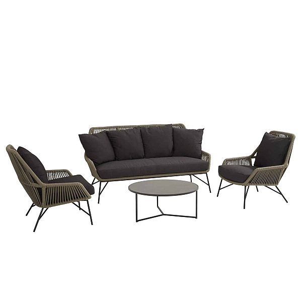 <h1><strong>Ramblas Loungeset</strong></h1><p><strong>Deze loungeset is te bezichtigen in onze showroom te Zwanenburg.</strong></p><p>De Ramblas is met zijn elegante vormgeving een sierraad op je terras. Werkelijk een genot om naar te kijken en in te zitten! Onder andere door de mooie belijning van het rope, straalt de Ramblas lounge serie van 4 Seasons Outdoor pure luxe uit, een 5 sterren gevoel in je eigen tuin. De kussens zijn vervaardigd van all weather outdoor stoffen en door de zorgvuldig geselecteerde vullingen heeft de Ramblas een optimaal zitcomfort.</p><p>De loungeserie Ramblas bestaat uit een 2.5 zits bank en een loungestoel die te combineren zijn met vele salontafels. De Atlas koffietafel van keramiek met marmer look sluit mooi aan en maakt de look helemaal compleet.</p><h4><strong>Ramblas lounge stoel incl. 2 kussens</strong></h4><p>Afmetingen: 90 × 79 × 90 cm (LxBxH)<br />Zithoogte 46 cm<br />Zitdiepte: 50 cm<br />Armhoogte: 53 cm<br />Materiaal: Aluminiu, Rope<br />Kleur: Antraciet, Taupe</p><h4><strong>Ramblas lounge bank 2.5-zits incl. 5 kussens</strong></h4><p>Afmetingen: 90 × 177 × 90 cm (LxBxH)<br />Zithoogte: 46 cm<br />Zitdiepte: 50 cm<br />Armhoogte: 53 cm<br />Materiaal: Aluminium, Rope<br />Kleur: Antraciet, Taupe</p><h4><strong>Atlas koffietafel ø 80 cm. keramiek antraciet marmer look</strong></h4><p>Afmetingen: 80 × 80 × 35 cm (LxBxH)<br />Vorm: Rond<br />Materiaal: Keramiek, RVS<br />Kleur: Antraciet, Zwart</p>