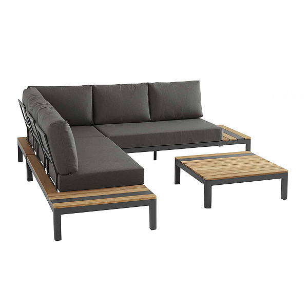 <h1><strong>Meridien Loungeset</strong></h1><p><strong>Deze loungeset is te bezichtigen in onze showroom te Edam.</strong></p><p>De Meridien loungeset van Taste 4SO is een platform loungeset in een compact formaat. De gebruikte materialen, aluminium en teak hout geven je terras een eigentijdse en natuurlijke uitstraling. De kussens zijn weersbestendig en doordat ze afritsbaar zijn ook makkelijk uit te wassen.</p><p>De Meridien hoekbank is eventueel uit te breiden met een extra center module. Met de center module kun je de Meridien hoekbank uitbreiden met een extra zitplaats. De Meridien loungeset is een loungemeubel in de kleur Matt carbon, in deze kleur vind je ook vele andere modellen meubelen, ligbedden en andere accessoires in de veelzijdige collectie van Taste 4SO.</p><h4><strong>Meridien platform 2-zits bank rechts met teak en kussens</strong></h4><p>Zithoogte 40 cm<br />Zitdiepte: 55 cm</p><h4><strong>Meridien platform 2-zits bank links met teak en kussens</strong></h4><p>Zithoogte 40 cm<br />Zitdiepte: 55 cm</p><h4><strong>Meridien platform hoekelement met kussens</strong></h4><p>Zithoogte 40 cm<br />Zitdiepte: 55 cm</p>