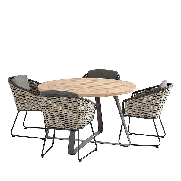 <h1><strong>Bo Dining set</strong></h1><p><strong>Deze loungeset is te bezichtigen in onze showroom te Edam.</strong><br /><br />De Bo dining combineert een prachtige uitstraling met een zeer hoog zitcomfort. De combinatie met de Derby teak tafel van Taste 4SO is een lust voor het oog en een meerwaarde voor ieder terras!</p><p>De Bo dining combineert een prachtige uitstraling met een zeer hoog zitcomfort. Deze stoel heeft een antraciet gebogen RVS frame waar opvallend dik vlechterwerk (wicker) omheen gevlochten is. Deze combinatie maakt dat deze diningstoel er  natuurlijk én modern uitziet.</p><p>De Bo diningstoel wordt geleverd met een luxe kussenset van Olefin all-weather stof.</p><h2><strong>BASSO TAFEL</strong></h2><p>De Basso tafel is een luxe ronde tafel van teak hout.</p><p>Teakhouten tuinmeubelen zorgen voor een prachtige uitstraling. Bovendien is het sterk materiaal en vraagt het weinig onderhoud. Als je de teakmeubelen buiten laat staan, krijgt het in de loop der jaren een ander uiterlijk. Je kan je teakhouten tafels eventueel ook behandelen met olie of lak, wij adviseren de onderhoudsmiddelen van 4SO. Daarnaast vormen teak en groene zeep een perfecte combinatie.</p><h4><strong>Bo dining stoel met kussens (4 stuks)</strong></h4><p>Afmetingen: 64 × 65 × 84 cm (LxBxH)<br />Zithoogte: 48 cm<br />Zitdiepte: 43 cm<br />Armhoogte: 70 cm<br />Materiaal: Aluminium, Vlechtwerk (wicker)<br />Kleur: Antraciet, Taupe</p><h4><strong>4SO teak Basso</strong></h4><p>Afmetingen: 130 Ø cm<br />Vorm: Rond<br />Materiaal: Aluminium, Teak hout</p>