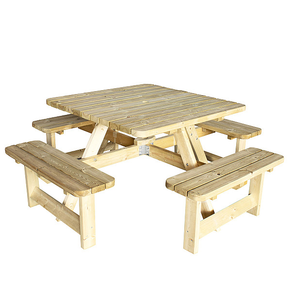 <h2><strong>Picknicktafel Vierkant</strong></h2><h3>De picknicktafel Vierkant biedt plaats aan acht personen.</h3><h3>De houtdikte van de tafel is 40 mm. De afmetingen van de tafel zijn 200 x 200 x 87 cm. De bladmaat is 115 x 115 cm. en de zithoogte/vlakte 100 x 30 x 48 (LxBxH). De tafel is groen geïmpregneerd. De tafel is gemaakt van vuren hout en wordt geleverd met voorgemonteerde onderdelen.</h3>