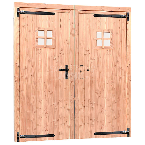 <h1><strong>Douglas deuren en kozijnen</strong></h1><p>De deuren en kozijnen worden vervaardigd uit zorgvuldig geselecteerd duurzaam douglashout.</p><p>Alle ramen en deuren zijn voorzien van rubberen tochtstrips en enkelglas.</p><h2>Douglas dubbele deur met zwart beslag</h2><p>Product­beschrijving</p><p>Deurdikte 48 mm.<br />Glasdikte 4 mm.<br />Buitenmaat (bxh) 168 x 201 cm.<br />Inbouwmaat (bxh) 163,2 x 196,6 cm.<br />Doorloopmaat (bxh) 150,6 x 190,2 cm.<br />Deurmaat (bxh) 76,3 x 192,2 cm.<br /><br />Onze douglashouten deuren zijn standaard voorzien van:</p><ul>	<li>Hoogwaardig RVS kogelscharnieren.</li>	<li>Luxe verzinkte hengen.</li>	<li>Hoogwaardige klinkset.</li>	<li>SKG** slotkast en cilinderslot.</li>	<li>Rubberen tochtstrips</li></ul><p><br /><em>Tip: Enige vochtdoorslag is mogelijk, om dit te voorkomen en om de levensduur te verlengen kun je de ruiten na het afhangen van de deur afkitten.</em></p>