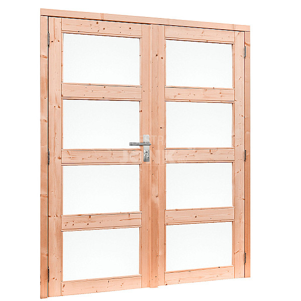<p><strong>Douglas deuren en kozijnen</strong></p><p>De deuren en kozijnen worden vervaardigd uit zorgvuldig geselecteerd duurzaam douglashout.</p><p>Alle ramen en deuren zijn voorzien van rubberen tochtstrips en enkelglas.</p><p>Douglas dubbele 4-ruits deur inclusief kozijn</p><p>Product­beschrijving</p><p>Deurdikte 40 mm.<br />Glasdikte 4 mm.<br />Buitenmaat (bxh) 168 x 201 cm.<br />Inbouwmaat (bxh) 163,2 x 196,6 cm.<br />Doorloopmaat (bxh) 150,6 x 190,2 cm.<br />Deurmaat (bxh) 76,3 x 192,2 cm.<br /><br />Onze douglashouten deuren zijn standaard voorzien van:</p><ul>	<li>Hoogwaardig RVS kogelscharnieren.</li>	<li>Luxe verzinkte hengen.</li>	<li>Hoogwaardige klinkset.</li>	<li>SKG** slotkast en cilinderslot.</li>	<li>Rubberen tochtstrips</li></ul><p> </p><p><br /><em>Tip: Enige vochtdoorslag is mogelijk, om dit te voorkomen en om de levensduur te verlengen kan je de ruiten na het afhangen van de deur afkitten.</em></p><p> </p>