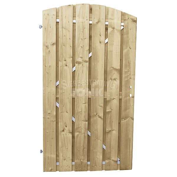 <h2><strong>Tuinpoort</strong></h2><h3>De plankendeuren van Jonk zijn verkrijgbaar met houten en stalen frame. De schermen zijn door middel van een vacuüm- en drukmethode geïmpregneerd waardoor het langduriger beschermd is tegen schimmel en houtrot. De deuren met houten frame bestaan uit planken van 15 mm dikte en degene met stalen frame hebben een houtdikte van 15 mm.</h3><ul>	<li>	<h3>exclusief hang en sluitwerk</h3>	</li></ul><p> </p>
