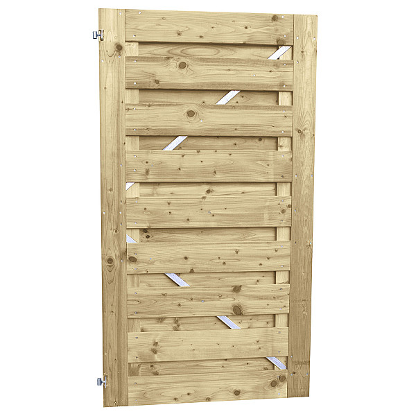 <h2><strong>Tuinpoort</strong></h2><h3>De plankendeuren van Jonk zijn verkrijgbaar met houten en stalen frame. De schermen zijn door middel van een vacuüm- en drukmethode geïmpregneerd waardoor het langduriger beschermd is tegen schimmel en houtrot. De deuren met houten frame bestaan uit planken van 15 mm dikte en degenen met stalen frame hebben een houtdikte van 15 mm.</h3><ul>	<li>	<h3>exclusief hang en sluitwerk</h3>	</li></ul><p> </p>