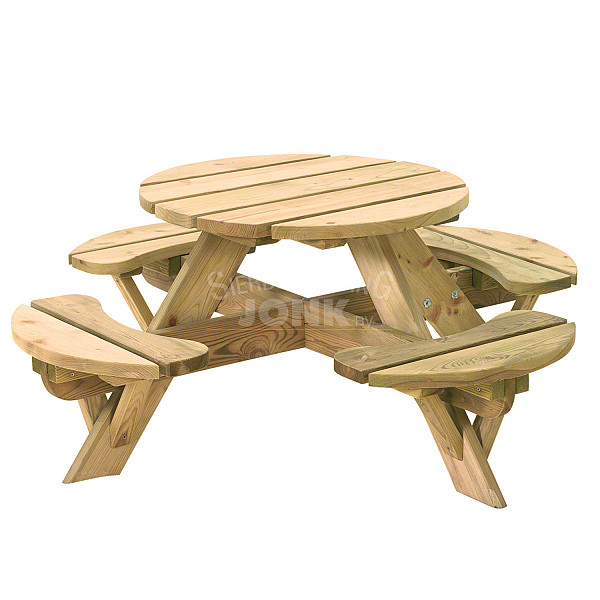 <h2><strong>Ronde kinderpicknicktafel Jimmy</strong></h2><h3>De kinderpicknicktafel Jimmy biedt plaats aan vier kinderen.</h3><h3>De doorsnede van het blad is 63 cm. De houtdikte van de tafel is 28 mm. De afmetingen van de tafel zijn 63 x 63 x 50 cm. en de zithoogte is 30 cm. De tafel is geïmpregneerd. De tafel is gemaakt van vuren hout en wordt geleverd met voorgemonteerde onderdelen.</h3><h3> </h3>
