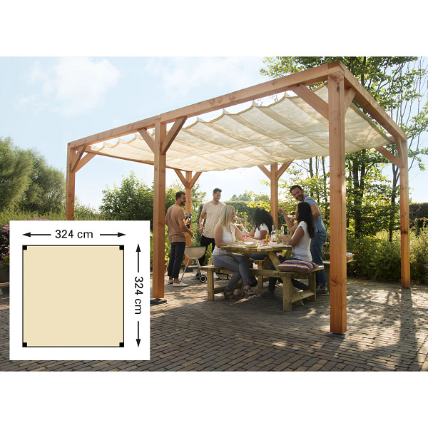 <h2><strong>Douglas houtpakket t.b.v. harmonicadoek</strong></h2><h3>De schaduwpergola wordt gemaakt van kleurloos geïmpregneerd douglashout. De afmeting 324 x 324 cm., wordt met 4 staanders geleverd van 240 cm lang.<br /><br />Het houtpakket bestaat uit:</h3><ul>	<li>	<h3>Douglas staanders, 12x12 cm.</h3>	</li>	<li>	<h3>Douglas liggers, 12x12 cm.</h3>	</li>	<li>	<h3>Douglas schoren 4,5x12 cm.</h3>	</li>	<li>	<h3>Bevestigingsmateriaal (verzinkt staal)</h3>	</li>	<li>	<h3>Opbouwbeschrijving</h3>	</li></ul>