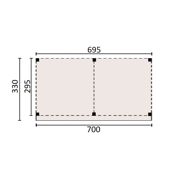 <p><strong>JWOODS Buitenverblijf 700x300 cm, Fijnbezaagd</strong></p><p>Voor een voordelige prijs een prachtige overkapping in je tuin plaatsen? Dat kan met een JWOODS Buitenverblijf, een goedkope terrasoverkapping, samengesteld als ‘doe het zelf bouwpakket’. Het grote voordeel van het JWOODS concept zit hem in de prijs, welke een stuk voordeliger is in vergelijking met een prefab pakket. Uit onze voorraad tuintimmerhout stellen we een bouwpakket samen uit de beste naaldhoutsoorten, zoals Lariks, Douglashout en Redwood. Bij aanschaf wordt je uiteraard voorzien van een duidelijke opbouwinstructie.  </p><p><strong>Doe het zelf bouwpakket</strong></p><p>Het doe het zelf pakket wordt compleet geleverd inclusief dakbedekking, stadsuitloop, bevestigingsmaterialen etc. Wil je exact weten waar het pakket uit bestaat? Scroll dan naar beneden voor de complete materialenlijst. Optioneel kunnen de 12x12x300 cm palen tegen meerprijs worden vervangen voor 15x15x300 cm (bij een fijnbezaagd model) of 14x14x300 cm (bij een geschaafd model).<br />Betonpoeren, daktrimmen, een hemelwater afvoerset, een dakverankeringset en ventilatieroosters zijn optioneel en kunnen besteld worden bij de extra opties.</p><p><strong>Fundering Overkapping</strong></p><p>Voor een solide constructie monteer je de palen op betonpoeren. Rondom de poeren stort je (snel)beton. De getoonde maten zijn de funderingsmaten. Het dak overstek is standaard 30 cm diep en 5 cm in de breedte. Betonpoeren zijn in verschillende uitvoeringen verkrijgbaar. Wij raden de betonpoer de luxe 18x18x50 van harte aan.</p><p><strong>Overkapping van Lariks Douglashout en Redwood</strong></p><p>Een JWOODS Buitenverblijf wordt samengesteld uit Douglashout en Redwood hout.<br /><br />Douglas/Lariks is een prachtig duurzaam materiaal. Het heeft een mooie rood/oranje gevlamde kleur. Binnen het assortiment kan je kiezen uit "geschaafd" of "fijnbezaagd" douglas hout. Geschaafde materialen hebben een zacht en glad oppervlak. De geschaafde materialen zijn zeer maatvast door het drogen van het hout. Door uitdroging van Douglas hout is er wel kans op scheurvorming in palen of planken, dit doet echter niets af aan de kwaliteit van het hout. De fijnbezaagde materialen zijn wat ruwer aan oppervlak en de kopkanten kunnen wat splinterig zijn. Fijnbezaagd hout word vers gezaagd en kan na indrogen wat minder maatvast zijn. Ook kan er op fijnbezaagd materiaal schimmelvorming ontstaan.</p><p>JWOODS RedWood is een PEFC/FSC gekeurd, geïmpregneerd naaldhoutproduct met een warme, roodroze uitstraling. RedWood heeft dezelfde warme, authentieke uitstraling als douglashout én het behoudt lang zijn kleur. Het is daarmee een prachtig alternatief voor Douglashout.</p><p><strong>Dakbedekking</strong></p><p>Een JWOODS Buitenverblijf wordt geleverd <strong>inclusief</strong> dakbedekking voor het platte dak. Het EPDM rubberfolie wordt compleet op maat aangeleverd met EPDM lijm. Voor de afvoer van het hemelwater wordt een vierkante stadsuitloop meegeleverd.</p><p>Voor de afwerking van de dakranden en het EPDM zijn optioneel daktrimmen te bestellen.</p><p><strong>Onderhoud Overkapping</strong></p><p>Een JWOODS Buitenverblijf behoeft weinig onderhoud. Echter raden wij aan om het hout te behandelen met de producten van Hermadix. Voordelen:</p><ul>	<li>​​​​​​​Verlengt de levensduur van het hout</li>	<li>Beschermt het hout tegen krimpen, zwellen, kromtrekken en scheuren door uitdroging en vocht</li>	<li>Behoudt de mooie kleur en gaat het natuurlijke vergrijzingsproces tegen</li>	<li>Beschermt u het hout tegen UV-straling, vocht, schimmels en houtrot</li></ul><p>Zit jouw ideale terrasoverkapping niet bij de collectie? Neem gerust contact op, we helpen je graag verder.</p>