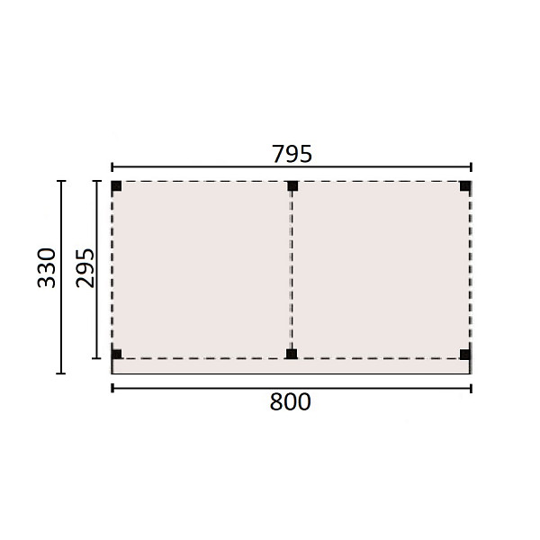 <p><strong>JWOODS Buitenverblijf 800x300 cm, Fijnbezaagd</strong></p><p>Voor een voordelige prijs een prachtige overkapping in je tuin plaatsen? Dat kan met een JWOODS Buitenverblijf, een goedkope terrasoverkapping, samengesteld als ‘doe het zelf bouwpakket’. Het grote voordeel van het JWOODS concept zit hem in de prijs, welke een stuk voordeliger is in vergelijking met een prefab pakket. Uit onze voorraad tuintimmerhout stellen we een bouwpakket samen uit de beste naaldhoutsoorten, zoals Lariks, Douglashout en Redwood. Bij aanschaf wordt je uiteraard voorzien van een duidelijke opbouwinstructie.  </p><p><strong>Doe het zelf bouwpakket</strong></p><p>Het doe het zelf pakket wordt compleet geleverd inclusief dakbedekking, stadsuitloop, bevestigingsmaterialen etc. Wil je exact weten waar het pakket uit bestaat? Scroll dan naar beneden voor de complete materialenlijst. Optioneel kunnen de 12x12x300 cm palen tegen meerprijs worden vervangen voor 15x15x300 cm (bij een fijnbezaagd model) of 14x14x300 cm (bij een geschaafd model).<br />Betonpoeren, daktrimmen, een hemelwater afvoerset, een dakverankeringset en ventilatieroosters zijn optioneel en kunnen besteld worden bij de extra opties.</p><p><strong>Fundering Overkapping</strong></p><p>Voor een solide constructie monteer je de palen op betonpoeren. Rondom de poeren stort je (snel)beton. De getoonde maten zijn de funderingsmaten. Het dak overstek is standaard 30 cm diep en 5 cm in de breedte. Betonpoeren zijn in verschillende uitvoeringen verkrijgbaar. Wij raden de betonpoer de luxe 18x18x50 van harte aan.</p><p><strong>Overkapping van Lariks Douglashout en Redwood</strong></p><p>Een JWOODS Buitenverblijf wordt samengesteld uit Douglashout en Redwood hout.<br /><br />Douglas/Lariks is een prachtig duurzaam materiaal. Het heeft een mooie rood/oranje gevlamde kleur. Binnen het assortiment kan je kiezen uit "geschaafd" of "fijnbezaagd" douglas hout. Geschaafde materialen hebben een zacht en glad oppervlak. De geschaafde materialen zijn zeer maatvast door het drogen van het hout. Door uitdroging van Douglas hout is er wel kans op scheurvorming in palen of planken, dit doet echter niets af aan de kwaliteit van het hout. De fijnbezaagde materialen zijn wat ruwer aan oppervlak en de kopkanten kunnen wat splinterig zijn. Fijnbezaagd hout word vers gezaagd en kan na indrogen wat minder maatvast zijn. Ook kan er op fijnbezaagd materiaal schimmelvorming ontstaan.</p><p>JWOODS RedWood is een PEFC/FSC gekeurd, geïmpregneerd naaldhoutproduct met een warme, roodroze uitstraling. RedWood heeft dezelfde warme, authentieke uitstraling als douglashout én het behoudt lang zijn kleur. Het is daarmee een prachtig alternatief voor Douglashout.</p><p><strong>Dakbedekking</strong></p><p>Een JWOODS Buitenverblijf wordt geleverd <strong>inclusief</strong> dakbedekking voor het platte dak. Het EPDM rubberfolie wordt compleet op maat aangeleverd met EPDM lijm. Voor de afvoer van het hemelwater wordt een vierkante stadsuitloop meegeleverd.</p><p>Voor de afwerking van de dakranden en het EPDM zijn optioneel daktrimmen te bestellen.</p><p><strong>Onderhoud Overkapping</strong></p><p>Een JWOODS Buitenverblijf behoeft weinig onderhoud. Echter raden wij aan om het hout te behandelen met de producten van Hermadix. Voordelen:</p><ul>	<li>​​​​​​​Verlengt de levensduur van het hout</li>	<li>Beschermt het hout tegen krimpen, zwellen, kromtrekken en scheuren door uitdroging en vocht</li>	<li>Behoudt de mooie kleur en gaat het natuurlijke vergrijzingsproces tegen</li>	<li>Beschermt u het hout tegen UV-straling, vocht, schimmels en houtrot</li></ul><p>Zit jouw ideale terrasoverkapping niet bij de collectie? Neem gerust contact op, we helpen je graag verder.</p>