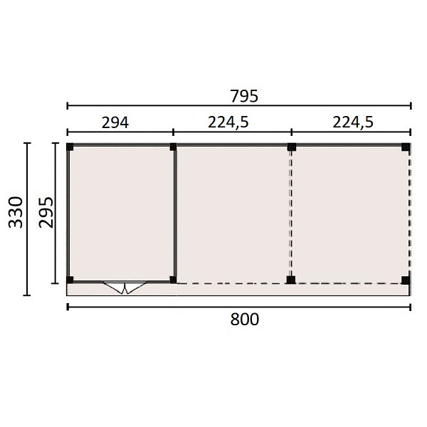 <h1><strong>JWOODS Buitenverblijf 800x300cm incl. berging 300(b), Fijnbezaagd zweeds rabat blank</strong></h1><p>Voor een voordelige prijs een prachtige overkapping in je tuin plaatsen? Dat kan met een JWOODS Buitenverblijf, een goedkope terrasoverkapping, samengesteld als ‘doe het zelf bouwpakket’. Het grote voordeel van het JWOODS concept zit hem in de prijs, welke een stuk voordeliger is in vergelijking met een prefab pakket. Uit onze voorraad tuintimmerhout stellen we een bouwpakket samen uit de beste naaldhoutsoorten, zoals Lariks, Douglashout en Redwood. Bij aanschaf wordt je uiteraard voorzien van een duidelijke opbouwinstructie.  </p><h2><strong>Doe het zelf bouwpakket</strong></h2><p>Het doe het zelf pakket wordt compleet geleverd inclusief dakbedekking, stadsuitloop, bevestigingsmaterialen etc. Wil je exact weten waar het pakket uit bestaat? Scroll dan naar beneden voor de complete materialenlijst. Optioneel kunnen de 12x12x300 cm palen tegen meerprijs worden vervangen voor 15x15x300 cm (bij een fijnbezaagd model) of 14x14x300 cm (bij een geschaafd model).<br />Betonpoeren, daktrimmen, een hemelwater afvoerset, een dakverankeringset en ventilatieroosters zijn optioneel en kunnen besteld worden bij de extra opties.</p><h2><strong>Fundering Overkapping</strong></h2><p>Voor een solide constructie monteer je de palen op betonpoeren. Rondom de poeren stort je (snel)beton. De getoonde maten zijn de funderingsmaten. Het dak overstek is standaard 30 cm diep en 5 cm in de breedte. Betonpoeren zijn in verschillende uitvoeringen verkrijgbaar. Wij raden de betonpoer de luxe 18x18x50 van harte aan.</p><h2><strong>Overkapping van Lariks Douglashout en Redwood</strong></h2><p>Een JWOODS Buitenverblijf wordt samengesteld uit Douglashout en Redwood hout.<br /><br />Douglas/Lariks is een prachtig duurzaam materiaal. Het heeft een mooie rood/oranje gevlamde kleur. Binnen het assortiment kan je kiezen uit "geschaafd" of "fijnbezaagd" douglas hout. Geschaafde materialen hebben een zacht en glad oppervlak. De geschaafde materialen zijn zeer maatvast door het drogen van het hout. Door uitdroging van Douglas hout is er wel kans op scheurvorming in palen of planken, dit doet echter niets af aan de kwaliteit van het hout. De fijnbezaagde materialen zijn wat ruwer aan oppervlak en de kopkanten kunnen wat splinterig zijn. Fijnbezaagd hout word vers gezaagd en kan na indrogen wat minder maatvast zijn. Ook kan er op fijnbezaagd materiaal schimmelvorming ontstaan.</p><p>JWOODS RedWood is een PEFC/FSC gekeurd, geïmpregneerd naaldhoutproduct met een warme, roodroze uitstraling. RedWood heeft dezelfde warme, authentieke uitstraling als douglashout én het behoudt lang zijn kleur. Het is daarmee een prachtig alternatief voor Douglashout.</p><h2><strong>Dakbedekking</strong></h2><p>Een JWOODS Buitenverblijf wordt geleverd <strong>inclusief</strong> dakbedekking voor het platte dak. Het EPDM rubberfolie wordt compleet op maat aangeleverd met EPDM lijm. Voor de afvoer van het hemelwater wordt een vierkante stadsuitloop meegeleverd.</p><p>Voor de afwerking van de dakranden en het EPDM zijn optioneel daktrimmen te bestellen.</p><h2><strong>Onderhoud Overkapping</strong></h2><p>Een JWOODS Buitenverblijf behoeft weinig onderhoud. Echter raden wij aan om het hout te behandelen met de producten van Hermadix. Voordelen:</p><ul>	<li>​​​​​​​Verlengt de levensduur van het hout</li>	<li>Beschermt het hout tegen krimpen, zwellen, kromtrekken en scheuren door uitdroging en vocht</li>	<li>Behoudt de mooie kleur en gaat het natuurlijke vergrijzingsproces tegen</li>	<li>Beschermt u het hout tegen UV-straling, vocht, schimmels en houtrot</li></ul><p>Zit jouw ideale terrasoverkapping niet bij de collectie? Neem gerust contact op, we helpen je graag verder.</p>