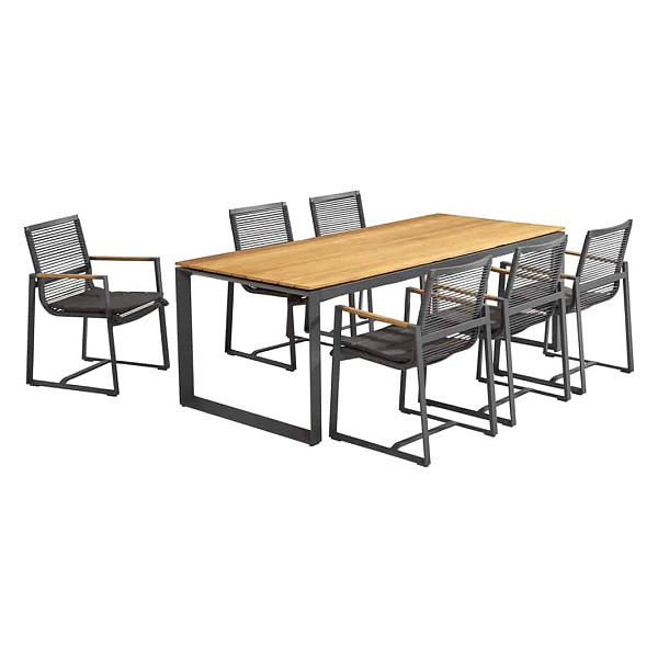 <h1><strong>Pandino dining set</strong></h1><p><strong>Deze Dining set is te bezichtigen bij ons filiaal in Almere</strong></p><p>De Pandino dining stoel van Taste 4SO is een prachtige stoel waar je veel plezier aan zal beleven. De Pandino dining stoel heeft een erg aangename zit, door het gevormde zit- en ruggedeelte. Het meegeleverde zitkussentje zorgt voor net dat beetje extra zitcomfort.</p><p>Om naar te kijken is de Pandino stoel een lust voor het oog. Het antraciet aluminium frame is stevig en modern. In de armleuningen is een teak lat verwerkt, waardoor de armleuning niet heet wordt in de zon. Dit geeft tevens de Pandino stoel een luxueuze uitstraling. Hierdoor is deze stoel ook makkelijk te combineren met allerlei soorten tafels. Deze Pandino combineren met een tafel met teak tafelblad en antraciet frame vinden wij werkelijk prachtig! De Heritage teak tafel van Taste 4SO is de combinatie met de Pandino dining. Aan de lange zijde passen perfect drie stoelen, waardoor je met 6 mensen gezellig aan tafel kunt zitten.</p><p>Taste 4SO selecteert zeer zorgvuldig zijn materialen, zo krijg je maar liefst vijf jaar garantie op deze meubelen.</p>