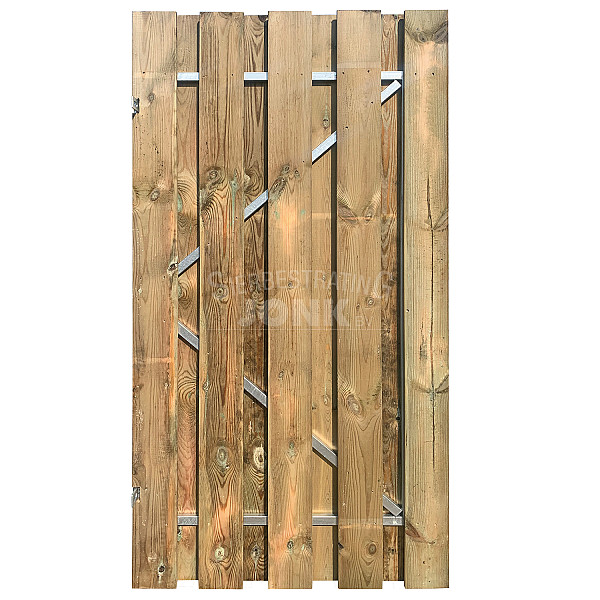<p><strong>Tuinpoort</strong></p><p>De plankendeuren van Jonk zijn verkrijgbaar met houten en stalen frame. De schermen zijn door middel van een vacuüm- en drukmethode geïmpregneerd waardoor het landuriger beschermd is tegen schimmel en houtrot. De deuren met houten frame bestaan uit planken van 15mm dikte en degenen met stalen frame hebben een houtdikte van 15mm.</p><ul>	<li>exclusief hang en sluitwerk</li></ul><p> </p>