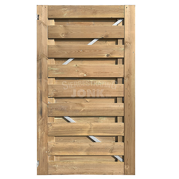 <h1><strong>Grenen tuindeuren</strong></h1><p>De plankendeuren van Jonk zijn verkrijgbaar met houten en stalen frame. De schermen zijn door middel van een vacuüm- en drukmethode geïmpregneerd waardoor het landuriger beschermd is tegen schimmel en houtrot. De deuren met houten frame bestaan uit planken van 15mm dikte en degenen met stalen frame hebben een houtdikte van 17mm.</p><ul>	<li>exclusief hang en sluitwerk</li></ul>