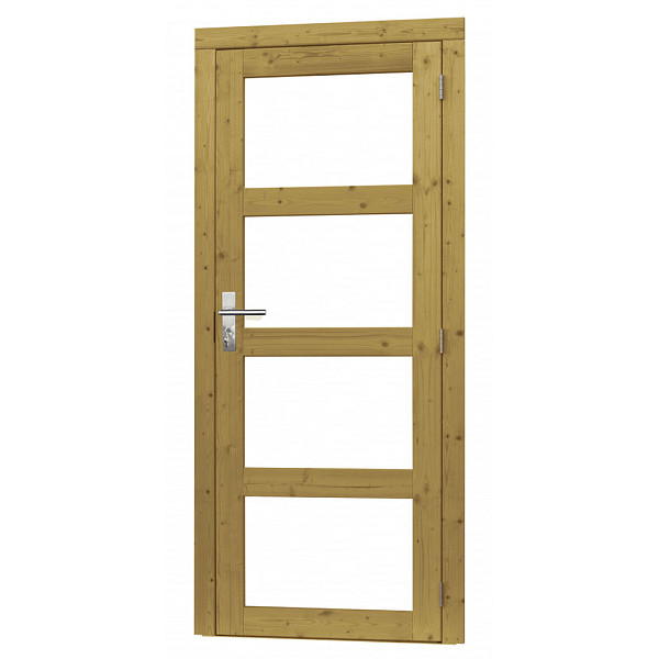 Vuren enkele 4-ruits deur incl. kozijn 90 x 201 cm. rechtsdraaiend, groen geïmpregneerd