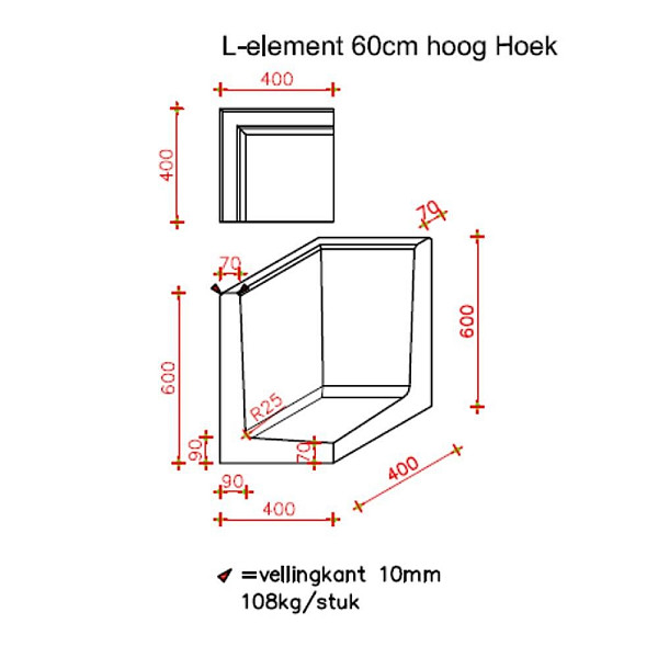 <h1><strong>L-Hoekelement</strong></h1><p>Een L-Hoekelement is op verschillende manieren toe te passen. Ze zijn te combineren met de L-elementen om zo een vloeiende hoek te creeeren. L-Hoekelementen zijn ook toe te passen om verhoogde borders te maken in de tuin., of hoogteverschil in de tuin op te vangen.</p><p>De L-Hoekelementen zijn verkrijgbaar in diverse maten in de kleuren grijs, zwart en roestbruin.</p>