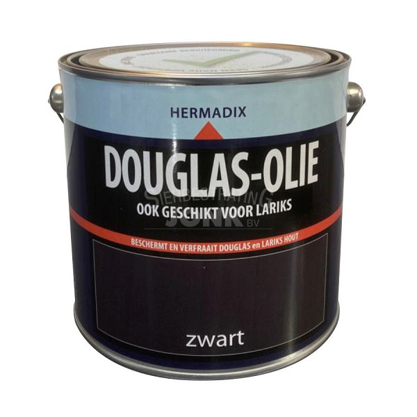 <p>Hermadix Douglas / Lariks olie Zwart is speciaal ontwikkeld voor nieuw en oud douglas / lariks hout. Douglas / Lariks olie geeft een transparante uitstraling zodat de houtnerf en houtstructuur zichtbaar blijven. Douglas / Lariks olie dringt diep in het hout en geeft een matte, natuurlijke uitstraling. Douglas / Lariks olie droogt snel en is makkelijk verwerkbaar. 1-2 lagen douglas / lariks olie zijn voldoende voor een prachtig resultaat. Bij onderhoudslagen lichtjes tussendoor schuren. Douglas / lariks olie is een watergedragen, mens- en milieuvriendelijk olie op basis van natuurlijke ingrediënten.</p>