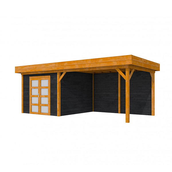 Douglas Topvision tuinhuis Roek, 300 x 300 cm. en luifel 400 cm., zwart geïmpregneerd / transparant