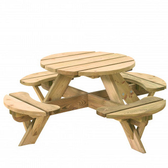 <h2><strong>Ronde kinderpicknicktafel Jimmy</strong></h2><h3>De kinderpicknicktafel Jimmy biedt plaats aan vier kinderen.</h3><h3>De doorsnede van het blad is 63 cm. De houtdikte van de tafel is 28 mm. De afmetingen van de tafel zijn 63 x 63 x 50 cm. en de zithoogte is 30 cm. De tafel is geïmpregneerd. De tafel is gemaakt van vuren hout en wordt geleverd met voorgemonteerde onderdelen.</h3><h3> </h3>