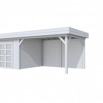Vuren Topvision tuinhuis Bosuil, 300 x 300 cm. en luifel 400 cm., lichtgrijs gespoten