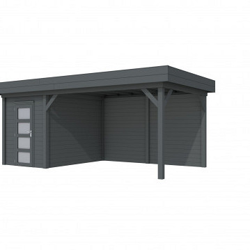 Vuren Topvision tuinhuis Kiekendief, 200 x 300 cm. en luifel 400 cm., antraciet gespoten