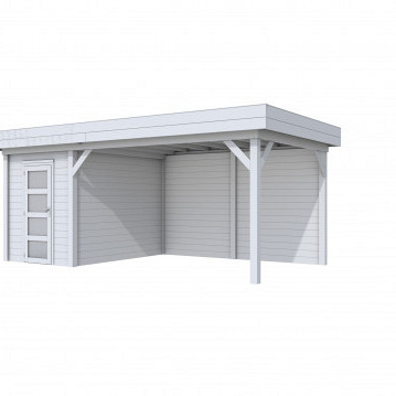 Vuren Topvision tuinhuis Kiekendief, 200 x 300 cm. en luifel 400 cm., lichtgrijs gespoten