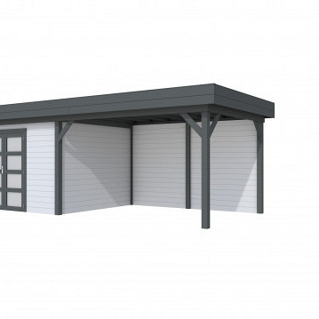 Vuren Topvision tuinhuis Parelhoen, 400 x 300 cm. en luifel 400 cm., lichtgrijs / antraciet gespoten
