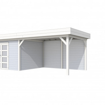 Vuren Topvision tuinhuis Parelhoen, 400 x 300 cm. en luifel 400 cm., lichtgrijs / wit gespoten