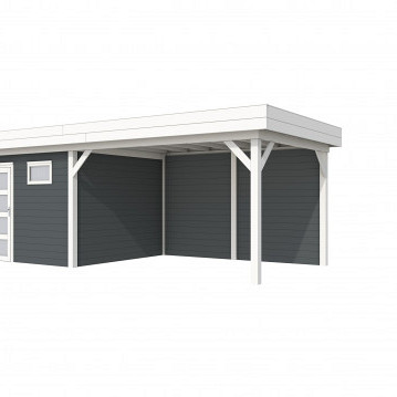 Vuren Topvision tuinhuis Tapuit, 300 x 300 cm. en luifel 400 cm., antraciet / wit gespoten