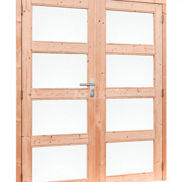 <p><strong>Douglas deuren en kozijnen</strong></p><p>De deuren en kozijnen worden vervaardigd uit zorgvuldig geselecteerd duurzaam douglashout.</p><p>Alle ramen en deuren zijn voorzien van rubberen tochtstrips en enkelglas.</p><p>Douglas dubbele 4-ruits deur inclusief kozijn</p><p>Product­beschrijving</p><p>Deurdikte 40 mm.<br />Glasdikte 4 mm.<br />Buitenmaat (bxh) 168 x 201 cm.<br />Inbouwmaat (bxh) 163,2 x 196,6 cm.<br />Doorloopmaat (bxh) 150,6 x 190,2 cm.<br />Deurmaat (bxh) 76,3 x 192,2 cm.<br /><br />Onze douglashouten deuren zijn standaard voorzien van:</p><ul>	<li>Hoogwaardig RVS kogelscharnieren.</li>	<li>Luxe verzinkte hengen.</li>	<li>Hoogwaardige klinkset.</li>	<li>SKG** slotkast en cilinderslot.</li>	<li>Rubberen tochtstrips</li></ul><p> </p><p><br /><em>Tip: Enige vochtdoorslag is mogelijk, om dit te voorkomen en om de levensduur te verlengen kan je de ruiten na het afhangen van de deur afkitten.</em></p><p> </p>