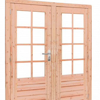 <h1><strong>Douglas deuren en kozijnen</strong></h1><p>De deuren en kozijnen worden vervaardigd uit zorgvuldig geselecteerd duurzaam douglashout.</p><p>Alle ramen en deuren zijn voorzien van rubberen tochtstrips en enkelglas.</p><h2>Douglas dubbele deur 8-ruits</h2><p>Product­beschrijving</p><p>Deurdikte 40 mm.<br />Glasdikte 4 mm.<br />Buitenmaat (bxh) 168 x 201 cm.<br />Inbouwmaat (bxh) 163,2 x 196,6 cm.<br />Doorloopmaat (bxh) 150,6 x 190,2 cm.<br />Deurmaat (bxh) 76,3 x 192,2 cm.<br /><br />Onze douglashouten deuren zijn standaard voorzien van:</p><ul>	<li>Hoogwaardig RVS kogelscharnieren.</li>	<li>Luxe verzinkte hengen.</li>	<li>Hoogwaardige klinkset.</li>	<li>SKG** slotkast en cilinderslot.</li>	<li>Rubberen tochtstrips</li></ul><p><br /><em>Tip: Enige vochtdoorslag is mogelijk, om dit te voorkomen en om de levensduur te verlengen kan je de ruiten na het afhangen van de deur afkitten.</em></p>