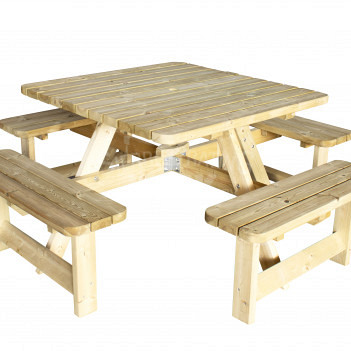 <h2><strong>Picknicktafel Vierkant</strong></h2><h3>De picknicktafel Vierkant biedt plaats aan acht personen.</h3><h3>De houtdikte van de tafel is 40 mm. De afmetingen van de tafel zijn 200 x 200 x 87 cm. De bladmaat is 115 x 115 cm. en de zithoogte/vlakte 100 x 30 x 48 (LxBxH). De tafel is groen geïmpregneerd. De tafel is gemaakt van vuren hout en wordt geleverd met voorgemonteerde onderdelen.</h3>