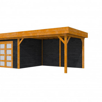 Douglas Topvision tuinhuis Roek, 300 x 300 cm. en luifel 400 cm., zwart geïmpregneerd / transparant