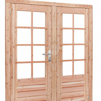 <h1><strong>Douglas deuren en kozijnen</strong></h1><p>De deuren en kozijnen worden vervaardigd uit zorgvuldig geselecteerd duurzaam douglashout.</p><p>Alle ramen en deuren zijn voorzien van rubberen tochtstrips en enkelglas.</p><h2>Douglas dubbele deur 8-ruits</h2><p>Product­beschrijving</p><p>Deurdikte 40 mm.<br />Glasdikte 4 mm.<br />Buitenmaat (bxh) 168 x 201 cm.<br />Inbouwmaat (bxh) 163,2 x 196,6 cm.<br />Doorloopmaat (bxh) 150,6 x 190,2 cm.<br />Deurmaat (bxh) 76,3 x 192,2 cm.<br /><br />Onze douglashouten deuren zijn standaard voorzien van:</p><ul>	<li>Hoogwaardig RVS kogelscharnieren.</li>	<li>Luxe verzinkte hengen.</li>	<li>Hoogwaardige klinkset.</li>	<li>SKG** slotkast en cilinderslot.</li>	<li>Rubberen tochtstrips</li></ul><p><br />Gespoten deuren kunnen uitsluitend worden besteld in combinatie met een op kleur besteld buitenverblijf.<br /><br /><em>Tip: Enige vochtdoorslag is mogelijk, om dit te voorkomen en om de levensduur te verlengen kan je de ruiten na het afhangen van de deur afkitten.</em></p>