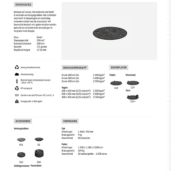 <h1><strong>Solidor Premium stelvoet P17/23 bereik 1,7 - 2,3 cm</strong></h1><p>De Premium-terrasdragers kenmerken zich door de ultra-lage aanvangshoogte en de multi-inzetbaarheid van de verschillende onderdelen. De lage aanvangshoogte is belangrijk voor situaties waar elke millimeter telt. De multi-inzetbaarheid maakt dit draagsysteem extra geschikt voor kleine projecten, omdat er minder onderdelen ongebruikt blijven.</p><p>Dit terrasdraagsysteem is geschikt voor dakbestrating en tegels van beton, keramiek en natuursteen, maar ook voor planken van hout en composiet. De dragers kunnen zowel binnen als buiten gebruikt worden. Ze zijn instelbaar vanaf 1,7 cm tot maximaal 20 cm hoog. De basis van deze drager wordt gevormd door de stelvoet en de bovenplaat. Dit kan eenvoudig uitgebreid worden met verschillende hulpstukken.</p><h2><strong>Solidor Premium stelvoet P17/23 bereik 1,7 - 2,3 cm</strong></h2><p>De stelvoet is het traploos instelbare onderdeel van de drager. De perfecte hoogte kan worden ingesteld door te draaien aan de stelvoet. Het bereik geeft de minimale en maximale hoogte van de drager aan. Zitten er oneffenheden in de ondergrond, bestel dan ook zachte plakzegels om deze weg te werken.</p><p>Het terrasdraagsysteem van de Premium-lijn kenmerkt zich door de ultra-lage aanvangshoogte van 17 mm. Ophoging is mogelijk met (stapelbare) verlengstukken van 5, 15 en 50 mm tot maximaal 20 cm.</p><p>De Premium-lijn heeft één type stelvoet in twee verschillende hoogtes. De onderkant van de stelvoet heeft een breeklijn, waarmee u de drager geschikt kunt maken voor plaatsing langs de rand. Het ondersteunt betontegels, keramische tegels, natuursteen enen wordt gecombineerd met bovenstuk naar keuze.</p>