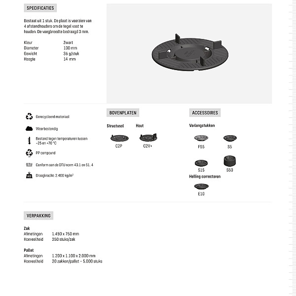 <h1><strong>Premium bovenplaat C4T tegels voeg 3 mm</strong></h1><p>De Premium-terrasdragers kenmerken zich door de ultra-lage aanvangshoogte en de multi-inzetbaarheid van de verschillende onderdelen. De lage aanvangshoogte is belangrijk voor situaties waar elke millimeter telt. De multi-inzetbaarheid maakt dit draagsysteem extra geschikt voor kleine projecten, omdat er minder onderdelen ongebruikt blijven.</p><p>Dit terrasdraagsysteem is geschikt voor dakbestrating en tegels van beton, keramiek en natuursteen, maar ook voor planken van hout en composiet. De dragers kunnen zowel binnen als buiten gebruikt worden. Ze zijn instelbaar vanaf 1,7 cm tot maximaal 20 cm hoog. De basis van deze drager wordt gevormd door de stelvoet en de bovenplaat. Dit kan eenvoudig uitgebreid worden met verschillende hulpstukken.</p><h2><strong>Solidor Premium bovenplaat C4T tegels voeg 3 mm</strong></h2><p>De bovenplaat draagt de terrasvloer en bestaat uit één stuk. De plaat is voorzien van vier afstandhouders om de tegel vast te houden. de voegbreedte bedraagd 3 mm.</p><p>De plaat ondersteunt betontegels, keramische tegels,natuursteen en is er de mogelijkheid tot breken van beentjes.</p>