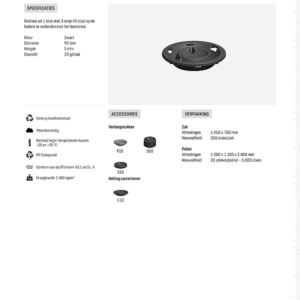 <h1><strong>Solidor Premium verlengstuk S5 hoogte 0,5 cm </strong></h1><p>Terrasdragers kunnen, afhankelijk van de constructie, tot maximaal 1 meter hoogte worden opgebouwd. Hiervoor zijn verlengstukken nodig, die geplaatst moeten worden op de stelvoet. De verlengstukken zijn stapelbaar, waardoor u met één type verschillende hoogtes kunt bereiken.</p><p>Het terrasdraagsysteem van de Premium-lijn kenmerkt zich door de ultra-lage aanvangshoogte van 17 mm. Ophoging is mogelijk met (stapelbare) verlengstukken van 5, 15 en 50 mm tot maximaal 20 cm.</p><p>De Premium serie heeft verlengstukken van 5, 15 en 50 mm. Deze verlengstukken zijn stapelbaar.</p>