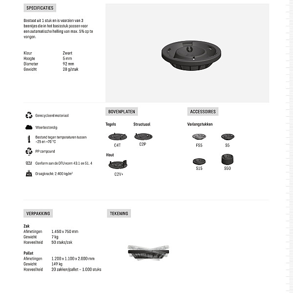 <h1><strong>Solidor Premium hellingcorrector E10 plaatsing boven stelvoet</strong></h1><p>Wij adviseren een hellingcorrector in te zetten indien het afschot van de ondergrond meer dan 2% is. Bij een groter afschot kunnen tegels, draagbalken of roosters anders minder netjes worden geplaatst. De hellingcorrector lost dit probleem op.</p><p>Het terrasdraagsysteem van de Premium-lijn kenmerkt zich door de ultra-lage aanvangshoogte van 17 mm. Ophoging is mogelijk met (stapelbare) verlengstukken van 5, 15 en 50 mm tot maximaal 20 cm.</p><h2><strong>Solidor Premium hellingcorrector E10 plaatsing boven stelvoet</strong></h2><p>Bestaat uit één en is voorzien van 3 beentjes die in het basisstuk passen voor een automatische helling van maxi. 5% op te vangen.</p>