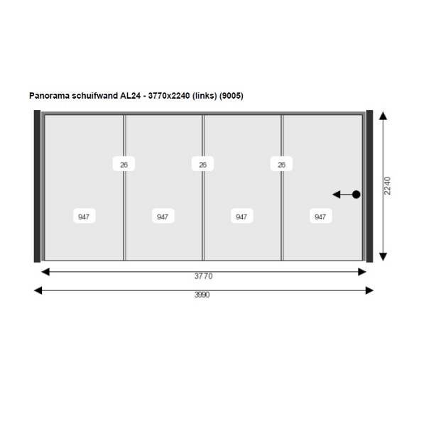 <h1><strong>Aluxe Panorama Glazen Schuifwand</strong></h1><p>Het hele jaar door droog en comfortabel onder je Buitenverblijf, Overkapping of Veranda zitten? Een Aluxe Panorama Glazen Schuifwand is de perfecte oplossing! Met deze glazen schuifpanelen sluit je jouw buitenverblijf eenvoudig af, zodat je bij koud of slecht weer ook kunt genieten van je tuin. Je behoudt het uitzicht op de tuin, de lichtinval en bij mooi zet je de schuifwand eenvoudig helemaal open via het AL-24 railsysteem.</p><h2><strong>Complete Glazen Schuifwanden</strong></h2><p>Wij leveren complete glazen schuifwanden, geheel op maat. Geen uitgeklede opties dus. Je hoeft ze alleen in de rails te plaatsen en af te stellen. Zowel de breedte als de hoogte van de panelen worden op maat gemaakt. Zo heb je altijd een schuifwand met een minimale overlap.</p><h2><strong>AL 24 railsysteem</strong></h2><p>De AL24 aluminium rails bestaat uit één stuk, waardoor deze extreem sterk is. De wieltjes staan op de sporen (15mm hoog) en hebben daarom geen last van vuil of zand in de rails. Een groot voordeel van de AL24 rails is dat je minder last hebt van tocht, omdat de panelen beter aansluiten. De wielen zijn verstelbaar, zo zijn de glaspanelen altijd te stellen naar wens.</p><h2><strong>RVS Deurgreep</strong></h2><p>Het eerste glaspaneel is standaard voorzien van een ingeboorde ronde RVS greep, geen plakgrepen dus maar een solide greep. Optioneel kan je kiezen voor een RVS slot.</p><h2><strong>Tochtstrippen en zijprofielen</strong></h2><p>Onze Aluxe Glazen Schuifwanden worden standaard geleverd inclusief 2 zijprofielen. Hier vallen zowel de eerste als laatste deur in. De panelen zijn voorzien van borstelprofielen. Met deze tochtstrippen houd je meer wind uit je buitenverblijf. De Schuifwand wordt geleverd inclusief meenemers. Met het meeneemsysteem kan je in één bewezing de schuifwand dichttrekken.<br /><br />De Glazen Schuifwanden worden standaard linksopenend geleverd (vanaf buiten gezien). Uiteraard is rechtsopenend ook mogelijk, echter dien je dit aan te geven bij het bestellen van de wand. </p><p><strong>Specificaties:</strong><br />• Kleur Profielen: RAL 9005 gitzwart<br />• Glas: 10 mm Gehard Glas<br />• Naar links openend, gezien van buiten<br />• Overlap glaspanelen 26 mm<br />• 3 Glaspanelen 94,7(B)x214,3(H)<br />• 1 Glaspaneel 94,7x214,3 cm met gat tbv deurgreep 46mm<br />• Deurgreep rond rvs 46 mm<br />• Bovenrail 4 sporen<br />• Onderrail 4 sporen<br />• Zijgeleiders<br />• Incl. borstelprofielen<br />• Incl. panoramakist 112x240x32 cm</p><h2><strong>Maatwerk</strong></h2><p>Wil je een glazen schuifwand op maat? Dat kan! Maatwerk glazen schuifwanden in een afwijkende maat zijn in de hoogte beschikbaar van 200 tot 250 cm en in de breedte van 150 tot 500 cm. De prijs bij een afwijkende breedte of hoogte is de eerst opvolgende maat. </p><p>Neem voor maatwerk contact op met een van onze medewerkers.</p><h2><strong>Levertijd</strong></h2><p>De levertijd van een glazen schuifwand is circa 4 weken.</p>