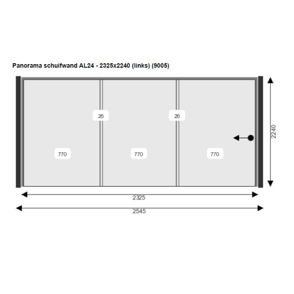 <h1><strong>Aluxe Panorama Glazen Schuifwand</strong></h1><p>Het hele jaar door droog en comfortabel onder je Buitenverblijf, Overkapping of Veranda zitten? Een Aluxe Panorama Glazen Schuifwand is de perfecte oplossing! Met deze glazen schuifpanelen sluit je jouw buitenverblijf eenvoudig af, zodat je bij koud of slecht weer ook kunt genieten van je tuin. Je behoudt het uitzicht op de tuin, de lichtinval en bij mooi zet je de schuifwand eenvoudig helemaal open via het AL-24 railsysteem.</p><h2><strong>Complete Glazen Schuifwanden</strong></h2><p>Wij leveren complete glazen schuifwanden, geheel op maat. Geen uitgeklede opties dus. Je hoeft ze alleen in de rails te plaatsen en af te stellen. Zowel de breedte als de hoogte van de panelen worden op maat gemaakt. Zo heb je altijd een schuifwand met een minimale overlap.</p><h2><strong>AL 24 railsysteem</strong></h2><p>De AL24 aluminium rails bestaat uit één stuk, waardoor deze extreem sterk is. De wieltjes staan op de sporen (15mm hoog) en hebben daarom geen last van vuil of zand in de rails. Een groot voordeel van de AL24 rails is dat je minder last hebt van tocht, omdat de panelen beter aansluiten. De wielen zijn verstelbaar, zo zijn de glaspanelen altijd te stellen naar wens.</p><h2><strong>RVS Deurgreep</strong></h2><p>Het eerste glaspaneel is standaard voorzien van een ingeboorde ronde RVS greep, geen plakgrepen dus maar een solide greep. Optioneel kan je kiezen voor een RVS slot.</p><h2><strong>Tochtstrippen en zijprofielen</strong></h2><p>Onze Aluxe Glazen Schuifwanden worden standaard geleverd inclusief 2 zijprofielen. Hier vallen zowel de eerste als laatste deur in. De panelen zijn voorzien van borstelprofielen. Met deze tochtstrippen houd je meer wind uit je buitenverblijf. De Schuifwand wordt geleverd inclusief meenemers. Met het meeneemsysteem kan je in één bewezing de schuifwand dichttrekken.<br /><br />De Glazen Schuifwanden worden standaard linksopenend geleverd (vanaf buiten gezien). Uiteraard is rechtsopenend ook mogelijk, echter dien je dit aan te geven bij het bestellen van de wand. </p><p><strong>Specificaties:</strong><br />• Kleur Profielen: RAL 9005 gitzwart<br />• Glas: 10 mm Gehard Glas<br />• Naar links openend, gezien van buiten<br />• Overlap glaspanelen 26 mm<br />• 2 Glaspanelen 77(B)x215(H)<br />• 1 Glaspaneel 77x215 cm met gat tbv deurgreep 46mm<br />• Deurgreep rond rvs 46 mm<br />• Bovenrail 3 sporen<br />• Onderrail 3 sporen<br />• Zijgeleiders<br />• Incl. borstelprofielen<br />• Incl. panoramakist 112x240x32 cm</p><h2><strong>Maatwerk</strong></h2><p>Wil je een glazen schuifwand op maat? Dat kan! Maatwerk glazen schuifwanden in een afwijkende maat zijn in de hoogte beschikbaar van 200 tot 250 cm en in de breedte van 150 tot 500 cm. De prijs bij een afwijkende breedte of hoogte is de eerst opvolgende maat. </p><p>Neem voor maatwerk contact op met een van onze medewerkers.</p><h2><strong>Levertijd</strong></h2><p>De levertijd van een glazen schuifwand is circa 4 weken.</p>