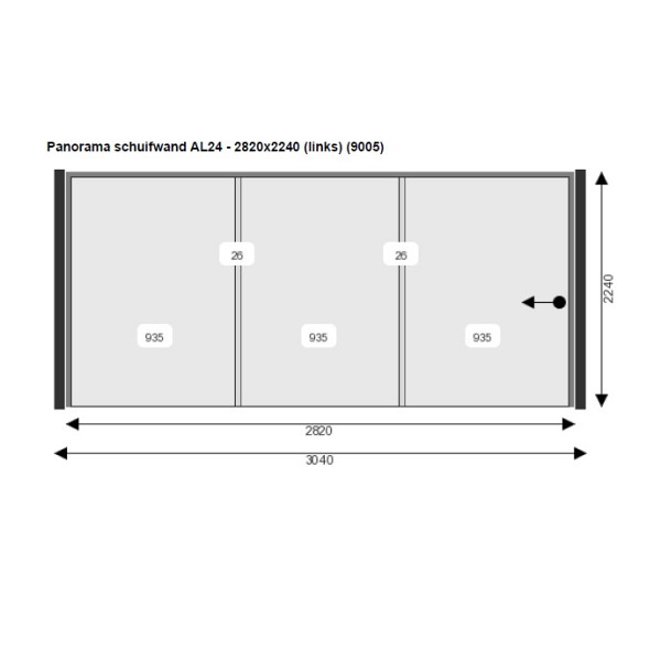 <h1><strong>Aluxe Panorama Glazen Schuifwand</strong></h1><p>Het hele jaar door droog en comfortabel onder je Buitenverblijf, Overkapping of Veranda zitten? Een Aluxe Panorama Glazen Schuifwand is de perfecte oplossing! Met deze glazen schuifpanelen sluit je jouw buitenverblijf eenvoudig af, zodat je bij koud of slecht weer ook kunt genieten van je tuin. Je behoudt het uitzicht op de tuin, de lichtinval en bij mooi zet je de schuifwand eenvoudig helemaal open via het AL-24 railsysteem.</p><h2><strong>Complete Glazen Schuifwanden</strong></h2><p>Wij leveren complete glazen schuifwanden, geheel op maat. Geen uitgeklede opties dus. Je hoeft ze alleen in de rails te plaatsen en af te stellen. Zowel de breedte als de hoogte van de panelen worden op maat gemaakt. Zo heb je altijd een schuifwand met een minimale overlap.</p><h2><strong>AL 24 railsysteem</strong></h2><p>De AL24 aluminium rails bestaat uit één stuk, waardoor deze extreem sterk is. De wieltjes staan op de sporen (15mm hoog) en hebben daarom geen last van vuil of zand in de rails. Een groot voordeel van de AL24 rails is dat je minder last hebt van tocht, omdat de panelen beter aansluiten. De wielen zijn verstelbaar, zo zijn de glaspanelen altijd te stellen naar wens.</p><h2><strong>RVS Deurgreep</strong></h2><p>Het eerste glaspaneel is standaard voorzien van een ingeboorde ronde RVS greep, geen plakgrepen dus maar een solide greep. Optioneel kan je kiezen voor een RVS slot.</p><h2><strong>Tochtstrippen en zijprofielen</strong></h2><p>Onze Aluxe Glazen Schuifwanden worden standaard geleverd inclusief 2 zijprofielen. Hier vallen zowel de eerste als laatste deur in. De panelen zijn voorzien van borstelprofielen. Met deze tochtstrippen houd je meer wind uit je buitenverblijf. De Schuifwand wordt geleverd inclusief meenemers. Met het meeneemsysteem kan je in één bewezing de schuifwand dichttrekken.<br /><br />De Glazen Schuifwanden worden standaard linksopenend geleverd (vanaf buiten gezien). Uiteraard is rechtsopenend ook mogelijk, echter dien je dit aan te geven bij het bestellen van de wand. </p><p><strong>Specificaties:</strong><br />• Kleur Profielen: RAL 9005 gitzwart<br />• Glas: 10 mm Gehard Glas<br />• Naar links openend, gezien van buiten<br />• Overlap glaspanelen 26 mm<br />• 2 Glaspanelen 93,5(B)x215(H)<br />• 1 Glaspaneel 93,5x215 cm met gat tbv deurgreep 46mm<br />• Deurgreep rond rvs 46 mm<br />• Bovenrail 3 sporen<br />• Onderrail 3 sporen<br />• Zijgeleiders<br />• Incl. borstelprofielen<br />• Incl. panoramakist 112x240x32 cm</p><h2><strong>Maatwerk</strong></h2><p>Wil je een glazen schuifwand op maat? Dat kan! Maatwerk glazen schuifwanden in een afwijkende maat zijn in de hoogte beschikbaar van 200 tot 250 cm en in de breedte van 150 tot 500 cm. De prijs bij een afwijkende breedte of hoogte is de eerst opvolgende maat. </p><p>Neem voor maatwerk contact op met een van onze medewerkers.</p><h2><strong>Levertijd</strong></h2><p>De levertijd van een glazen schuifwand is circa 4 weken.</p>