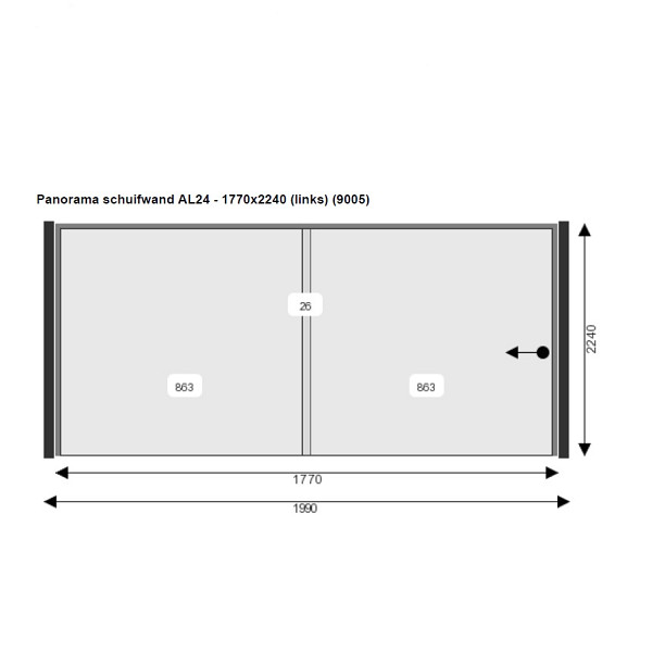 <h1><strong>Aluxe Panorama Glazen Schuifwand</strong></h1><p>Het hele jaar door droog en comfortabel onder je Buitenverblijf, Overkapping of Veranda zitten? Een Aluxe Panorama Glazen Schuifwand is de perfecte oplossing! Met deze glazen schuifpanelen sluit je jouw buitenverblijf eenvoudig af, zodat je bij koud of slecht weer ook kunt genieten van je tuin. Je behoudt het uitzicht op de tuin, de lichtinval en bij mooi zet je de schuifwand eenvoudig helemaal open via het AL-24 railsysteem.</p><h2><strong>Complete Glazen Schuifwanden</strong></h2><p>Wij leveren complete glazen schuifwanden, geheel op maat. Geen uitgeklede opties dus. Je hoeft ze alleen in de rails te plaatsen en af te stellen. Zowel de breedte als de hoogte van de panelen worden op maat gemaakt. Zo heb je altijd een schuifwand met een minimale overlap.</p><h2><strong>AL 24 railsysteem</strong></h2><p>De AL24 aluminium rails bestaat uit één stuk, waardoor deze extreem sterk is. De wieltjes staan op de sporen (15mm hoog) en hebben daarom geen last van vuil of zand in de rails. Een groot voordeel van de AL24 rails is dat je minder last hebt van tocht, omdat de panelen beter aansluiten. De wielen zijn verstelbaar, zo zijn de glaspanelen altijd te stellen naar wens.</p><h2><strong>RVS Deurgreep</strong></h2><p>Het eerste glaspaneel is standaard voorzien van een ingeboorde ronde RVS greep, geen plakgrepen dus maar een solide greep. Optioneel kan je kiezen voor een RVS slot.</p><h2><strong>Tochtstrippen en zijprofielen</strong></h2><p>Onze Aluxe Glazen Schuifwanden worden standaard geleverd inclusief 2 zijprofielen. Hier vallen zowel de eerste als laatste deur in. De panelen zijn voorzien van borstelprofielen. Met deze tochtstrippen houd je meer wind uit je buitenverblijf. De Schuifwand wordt geleverd inclusief meenemers. Met het meeneemsysteem kan je in één bewezing de schuifwand dichttrekken.<br /><br />De Glazen Schuifwanden worden standaard linksopenend geleverd (vanaf buiten gezien). Uiteraard is rechtsopenend ook mogelijk, echter dien je dit aan te geven bij het bestellen van de wand. </p><p><strong>Specificaties:</strong><br />• Kleur Profielen: RAL 9005 gitzwart<br />• Glas: 10 mm Gehard Glas<br />• Naar links openend, gezien van buiten<br />• Overlap glaspanelen 26 mm<br />• 1 Glaspaneel 86,3(B)x215(H)<br />• 1 Glaspaneel 86,3x215 cm met gat tbv deurgreep 46mm<br />• Deurgreep rond rvs 46 mm<br />• Bovenrail 3 sporen<br />• Onderrail 3 sporen<br />• Zijgeleiders<br />• Incl. borstelprofielen<br />• Incl. panoramakist 112x240x32 cm</p><h2><strong>Maatwerk</strong></h2><p>Wil je een glazen schuifwand op maat? Dat kan! Maatwerk glazen schuifwanden in een afwijkende maat zijn in de hoogte beschikbaar van 200 tot 250 cm en in de breedte van 150 tot 500 cm. De prijs bij een afwijkende breedte of hoogte is de eerst opvolgende maat. </p><p>Neem voor maatwerk contact op met een van onze medewerkers.</p><h2><strong>Levertijd</strong></h2><p>De levertijd van een glazen schuifwand is circa 4 weken.</p>