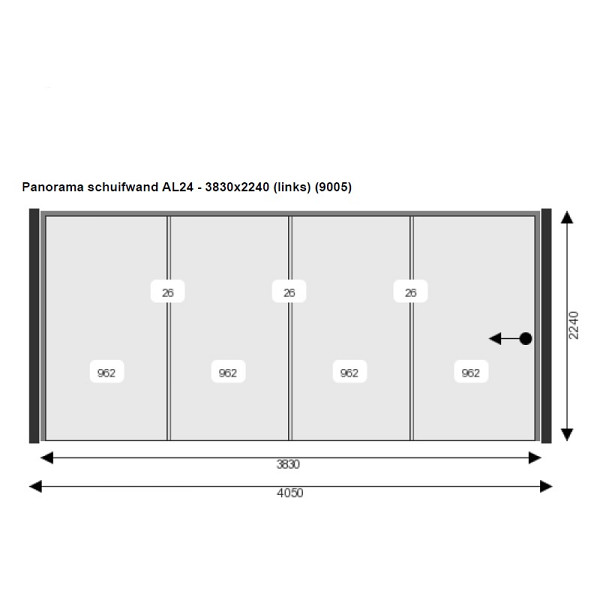 <h1><strong>Aluxe Panorama Glazen Schuifwand</strong></h1><p>Het hele jaar door droog en comfortabel onder je Buitenverblijf, Overkapping of Veranda zitten? Een Aluxe Panorama Glazen Schuifwand is de perfecte oplossing! Met deze glazen schuifpanelen sluit je jouw buitenverblijf eenvoudig af, zodat je bij koud of slecht weer ook kunt genieten van je tuin. Je behoudt het uitzicht op de tuin, de lichtinval en bij mooi zet je de schuifwand eenvoudig helemaal open via het AL-24 railsysteem.</p><h2><strong>Complete Glazen Schuifwanden</strong></h2><p>Wij leveren complete glazen schuifwanden, geheel op maat. Geen uitgeklede opties dus. Je hoeft ze alleen in de rails te plaatsen en af te stellen. Zowel de breedte als de hoogte van de panelen worden op maat gemaakt. Zo heb je altijd een schuifwand met een minimale overlap.</p><h2><strong>AL 24 railsysteem</strong></h2><p>De AL24 aluminium rails bestaat uit één stuk, waardoor deze extreem sterk is. De wieltjes staan op de sporen (15mm hoog) en hebben daarom geen last van vuil of zand in de rails. Een groot voordeel van de AL24 rails is dat je minder last hebt van tocht, omdat de panelen beter aansluiten. De wielen zijn verstelbaar, zo zijn de glaspanelen altijd te stellen naar wens.</p><h2><strong>RVS Deurgreep</strong></h2><p>Het eerste glaspaneel is standaard voorzien van een ingeboorde ronde RVS greep, geen plakgrepen dus maar een solide greep. Optioneel kan je kiezen voor een RVS slot.</p><h2><strong>Tochtstrippen en zijprofielen</strong></h2><p>Onze Aluxe Glazen Schuifwanden worden standaard geleverd inclusief 2 zijprofielen. Hier vallen zowel de eerste als laatste deur in. De panelen zijn voorzien van borstelprofielen. Met deze tochtstrippen houd je meer wind uit je buitenverblijf. De Schuifwand wordt geleverd inclusief meenemers. Met het meeneemsysteem kan je in één bewezing de schuifwand dichttrekken.<br /><br />De Glazen Schuifwanden worden standaard linksopenend geleverd (vanaf buiten gezien). Uiteraard is rechtsopenend ook mogelijk, echter dien je dit aan te geven bij het bestellen van de wand. </p><p><strong>Specificaties:</strong><br />• Kleur Profielen: RAL 9005 gitzwart<br />• Glas: 10 mm Gehard Glas<br />• Naar links openend, gezien van buiten<br />• Overlap glaspanelen 26 mm<br />• 3 Glaspanelen 96,2(B)x214,3(H)<br />• 1 Glaspaneel 96,2x214,3 cm met gat tbv deurgreep 46mm<br />• Deurgreep rond rvs 46 mm<br />• Bovenrail 4 sporen<br />• Onderrail 4 sporen<br />• Zijgeleiders<br />• Incl. borstelprofielen<br />• Incl. panoramakist 112x240x32 cm</p><h2><strong>Maatwerk</strong></h2><p>Wil je een glazen schuifwand op maat? Dat kan! Maatwerk glazen schuifwanden in een afwijkende maat zijn in de hoogte beschikbaar van 200 tot 250 cm en in de breedte van 150 tot 500 cm. De prijs bij een afwijkende breedte of hoogte is de eerst opvolgende maat. </p><p>Neem voor maatwerk contact op met een van onze medewerkers.</p><h2><strong>Levertijd</strong></h2><p>De levertijd van een glazen schuifwand is circa 4 weken.</p>