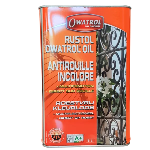 <h1><strong>CORTENSTAAL VERNIS</strong></h1><p>RUSTOL-OWATROL® is een vloeibaar product, van het type olievernis, met een lage viscositeit, op basis van solventgedragen alkydharsen en plantaardige olie.</p><h2>Kenmerken</h2><p>Droogtijd bij 20°C:<br />• Stofvrij: tussen 4 en 6 uur.<br />• Handdroog: ongeveer 12 uur.<br />• Overschilderbaar: ongeveer 24 uur.<br /><br />De omgevingstemperatuur en de relatieve luchtvochtigheid beïnvloeden de droogtijd.<br /><br />Rendement: 18 m² per liter<br />Kleur: Licht amber<br />Afwerking droge laag: Transparant en zijdeglanzend</p>