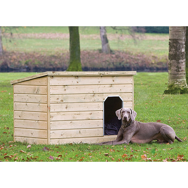 <h1><strong>Houten dierenverblijven</strong></h1><p>Houten dierenverblijven zijn er van klein tot groot. Met de houten dierenverblijven geef je je hond, konijn of kippen een mooie plek in de tuin.</p><h2>Productbeschrijving</h2><p>Afwerking: Geschaafd</p><p>Behandeling: Geïmpregneerd</p><p>Materiaal: Hout</p><p>Houtsoort: Vuren</p><p>Dakbedekking inbegrepen: Dakleer</p><p>Daktype: Lessenaarsdak</p><p>Dieren: Honden</p><p>Diepte: 93 cm.</p><p>Breedte: 130 cm.</p><p>Nokhoogte: 97 cm.</p><p>Inbegrepen: Incl. vloer, rvs omlijsting ingang en bevestigingsmaterialen</p><p>Houten vloer inbegrepen: Ja</p><p>Gespiegeld op te bouwen: Nee</p>