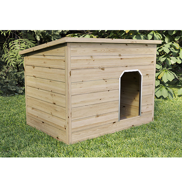 <h1><strong>Houten dierenverblijven</strong></h1><p>Houten dierenverblijven zijn er van klein tot groot. Met de houten dierenverblijven geef je je hond, konijn of kippen een mooie plek in de tuin.</p><h2>Productbeschrijving</h2><p>Afwerking: Geschaafd</p><p>Behandeling: Geïmpregneerd</p><p>Materiaal: Hout</p><p>Houtsoort: Vuren</p><p>Dakbedekking inbegrepen: Dakleer</p><p>Daktype: Lessenaarsdak</p><p>Dieren: Honden</p><p>Diepte: 93 cm.</p><p>Breedte: 130 cm.</p><p>Nokhoogte: 97 cm.</p><p>Inbegrepen: Incl. vloer, rvs omlijsting ingang en bevestigingsmaterialen</p><p>Houten vloer inbegrepen: Ja</p><p>Gespiegeld op te bouwen: Nee</p>