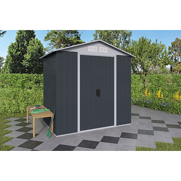 <h1><strong>Metalen tuinkasten / bergingen</strong></h1><p>Metalen tuinkasten zijn onderhoudsvrij en hebben een moderne, strakke uitstraling. Ze worden veel gebruikt om tuinspullen en gereedschap in op te bergen. Ze zijn verkrijgbaar in verschillende afmetingen.</p><h2>Productbeschrijving</h2><p>Materiaal: Metaal</p><p>Daktype: Zadeldak</p><p>Kleur: Antraciet, grijs</p><p>Deurtype: Schuifdeur</p><p>Nokhoogte: 200 cm.</p><p>Funderingsmaat: 194x131 cm.</p><p>Dakmaat: 201x148 cm.</p><p>Deurbreedte: 92 cm.</p><p>Deurhoogte: 170 cm.</p><p>Plaatdikte: 0,4 mm.</p><p>Staaldikte: 0,6 mm.</p><p>Bevestigingsmateriaal inbegrepen: Ja</p><p>Inbegrepen: Inclusief goot en ventilatieroosters</p>