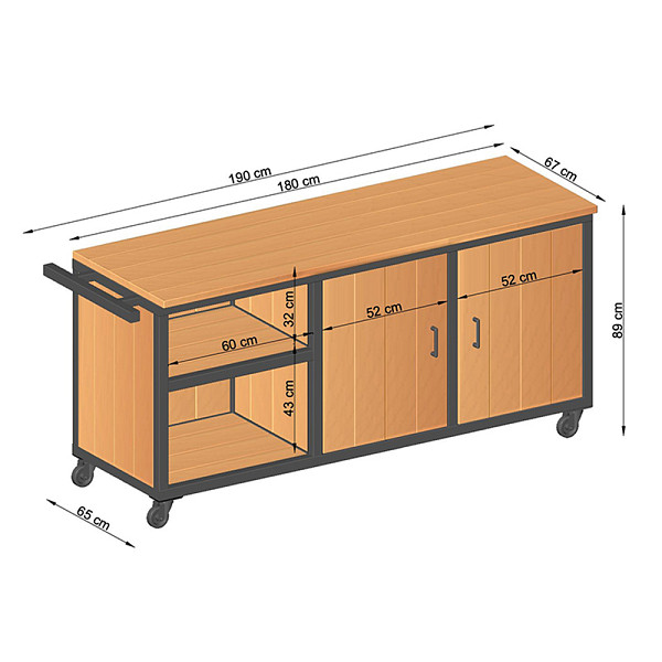 <h1><strong>Buitenkeuken Acero</strong></h1><p>De douglas buitenkeuken Acero is een eigentijdse en betaalbare buitenkeuken voor onder je prieel of overkapping. Gedroogd douglas hout wordt gecombineerd met een zwart gepoedercoat stalen frame, waardoor de keuken een moderne uitstraling heeft. Het blad wordt exclusief een uitsparing geleverd. De grootte van de uitsparing is afhankelijk van het type barbecue dat wordt toegepast en kan na montage zelf worden ingezaagd.</p><h2>Productbeschrijving</h2><p>Afwerking: Geschaafd</p><p>Behandeling: Onbehandeld</p><p>Materiaal: Hout</p><p>Houtsoort: Douglas</p><p>Diepte: 57 cm.</p><p>Breedte: 190 cm.</p><p>Hoogte: 88 cm.</p><p>Inbegrepen:</p><p>- Inclusief deuren, zij- en achterwanden, tussen- en bodemplank gemaakt van verlijmde douglas veer/groefplanken (1,8x14,5 cm.)</p><p>-  Werkblad gemaakt van verlijmde douglas blokhutprofielen.</p><p>- Handgreep linkerzijde. Met de handgreep kun je de keuken verplaatsen of je kunt deze gebruiken om accessoires aan op te hangen.</p><p>- Vier zwarte zwenkwielen uitgevoerd met een rem.</p><p>- Zwarte handgrepen voor de deurtjes.</p><p>Extra informatie: De buitenkeuken wordt geleverd als bouwpakket. De keuken heeft een stalen frame bestaande uit vierkante kokers 4x4 cm.</p><p>Bevestigingsmateriaal inbegrepen: Ja</p>