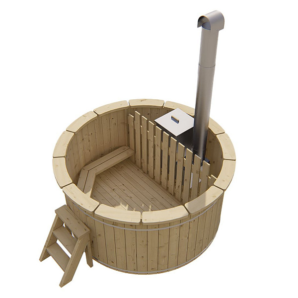 <h1><strong>Hottub</strong></h1><p>Een hottub is een bad voor meerdere personen dat gevuld wordt met warm water en vaak wordt gebruikt voor ontspanning en plezier.</p><p>Dit warme bad wordt met een interne of externe houtkachel opgestookt  De hottub heeft een ronde vorm en wordt meestal gemaakt van hout.</p><h2>Productbeschrijving</h2><p>Afwerking: Geschaafd</p><p>Behandeling: Onbehandeld</p><p>Materiaal: Hout</p><p>Houtsoort: Vuren</p><p>Kachelmontage: Intern</p><p>Kacheltype: Houtgestookt</p><p>Gewicht gevuld 3000 kg.</p><p>Inhoud: 2500 liter</p><p>Diameter binnenzijde: 190 cm.</p><p>Diameter buitenzijde: 200 cm.</p><p>Dikte hout 42 mm.</p><p>Hoogte buitenzijde: 105 cm.</p><p>Hoogte binnenzijde: 90 cm.</p><p>Aantal bankjes: 5</p><p>Voorgemonteerd: Nee</p><p>Bevestigingsmateriaal inbegrepen: Ja</p><p>Inbegrepen: Afdekhoes, aluminium houtkachel, pijp en trap</p><p>Extra informatie: Simpel te legen middels stop in bodem.</p>