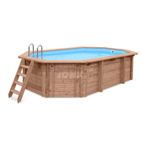<h1><strong>Zwembaden</strong></h1><p>De zwembaden zijn vervaardigd van onder druk geïmpregneerd Noord Europees grenenhout. Deze zijn duurzaam en leverbaar in diverse afmetingen waardoor ze in bijna elke tuin voor jarenlange waterpret zorgen. Je kunt de zwembaden uitbreiden met verschillende accessoires. Alle modellen zijn eenvoudig op te bouwen met behulp van de bijgeleverde montage-instructie.</p><h2>Doe-het-zelfpakket</h2><ul>	<li>Houten ombouw</li>	<li>Geotextiel, comfortabele, isolerende (onzichtbare) onderlaag.</li>	<li>PVC liner (zichtbare binnenbekleding) met bevestigingen en een linerlock.</li>	<li>Skimmer en inlaat (zorgen ervoor dat het zwembad schoon blijft).</li>	<li>RVS en houten trap</li>	<li>Pomp</li>	<li>Zandfilter met bovenklep</li>	<li>Filterzand</li>	<li>Set buizen en hulpstukken voor pomp- en filtermontage</li>	<li>Montage-instructies</li></ul><h2>Zwembad inbouwen</h2><p>Het zwembad kan volledig in de grond worden geplaatst. In dat geval moet je de ombouw van het zwembad extra beschermen. Alvorens de constructie te installeren, raden wij aan alle onderdelen met olie of houtolie te behandelen. Het gat in de grond moet iets groter zijn dan de afmetingen van het zwembad, zodat een stabiele vlakke en stevige ondergrond kan worden gerealiseerd. De isolatie en de behandeling van de ombouw moeten worden uitgevoerd volgens de bijgeleverde documentatie van het zwembad.</p><h2>Productbeschrijving</h2><p>Materiaal: Hout</p><p>Kuipmateriaal: Polyester</p><p>Diepte: 352 cm.</p><p>Breedte: 563 cm.</p><p>Hoogte: 124 cm.</p><p>Inhoud: 14,44 m³</p><p>Garantie: Ja</p><p>Inbegrepen: Geleverd als doe-het-zelfpakket inclusief houten ombouw zwembad, pvc liner met bevestigingen en een linerlock, geotextiel grond en muren, een skimmer en inlaat, rvs ladder 3 of 4 treden met geflensde ankerconverters en schroeven voor montage, pomp- en zandfilter met bovenklep, filterzand, set buizen en hulpstukken voor pomp- en filtermontage en montage-instructies.</p><p>Extra informatie: Vervaardigd van onder druk geïmpregneerd Noord-Europees grenenhout. Houtdikte ombouw 45x145 mm.</p>